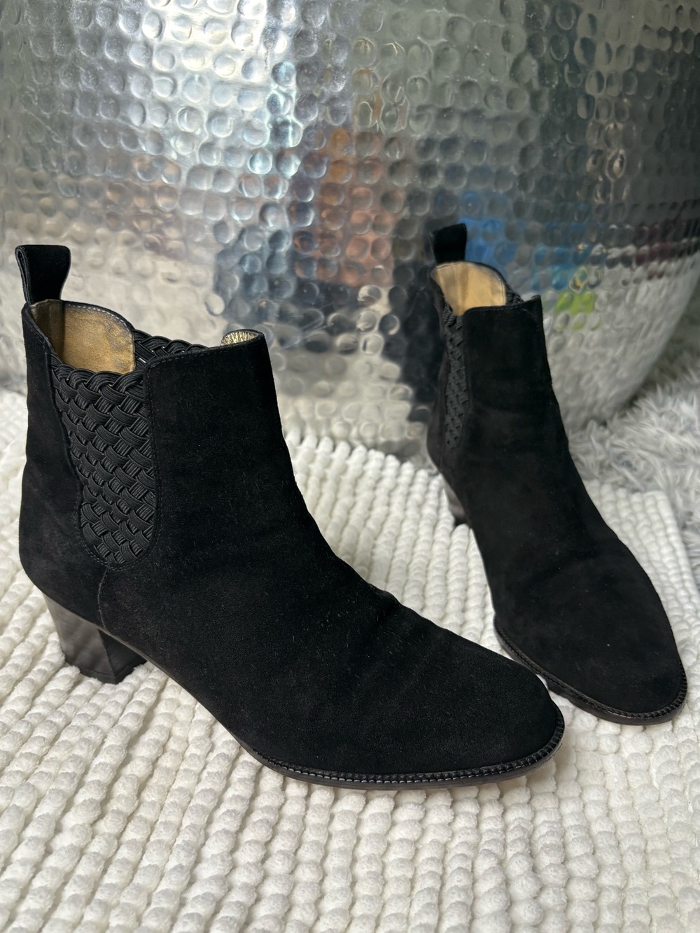 VTG Bottega Veneta Italy Black Suede Woven Chelsea Ankle Boots Booties 6.5B